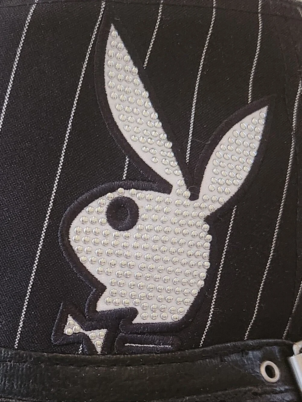 Vintage Y2K Playboy Bunny Pinstripe Fedora Hat Black Silver Metallic McBling S/M